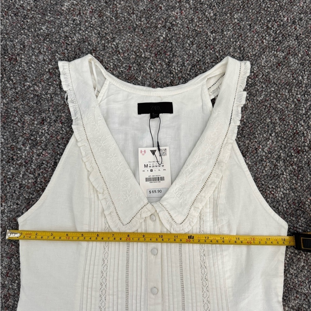 Zara NWT Cotton Linen blend Peter Pan Embroidered Collar Pleated Balletcore Dres - Picture 8 of 8